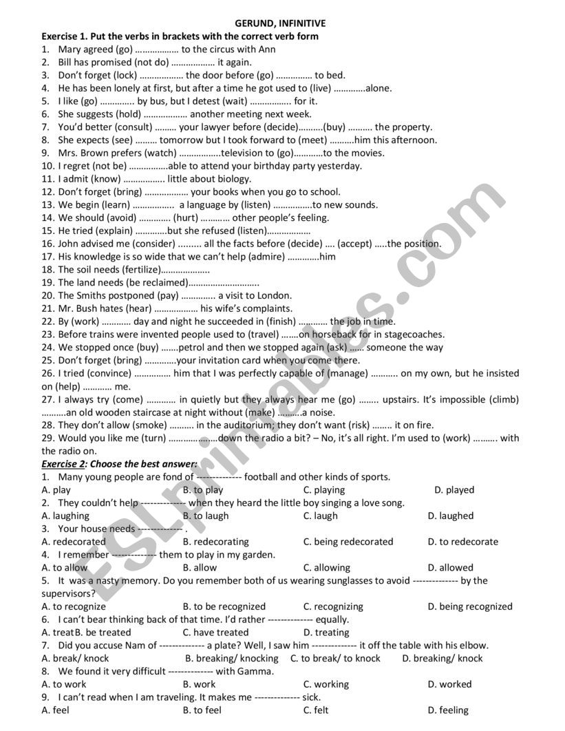 gerund and infinitives worksheet