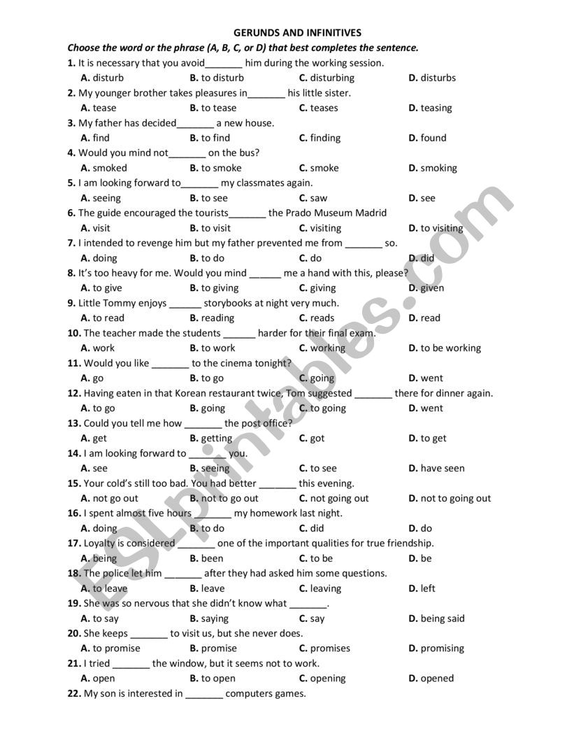 gerund and infinitives worksheet