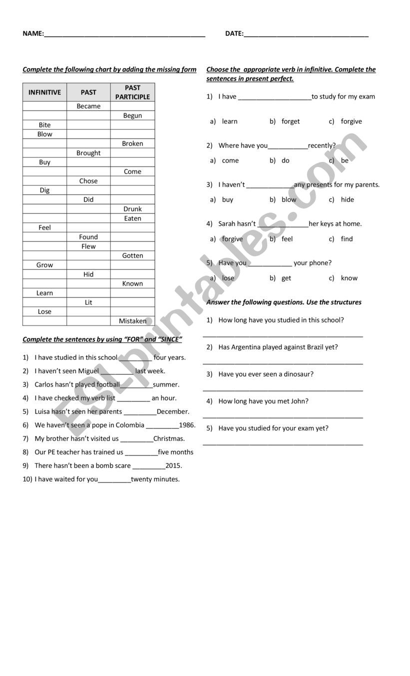 Present Perfect_For-Since worksheet