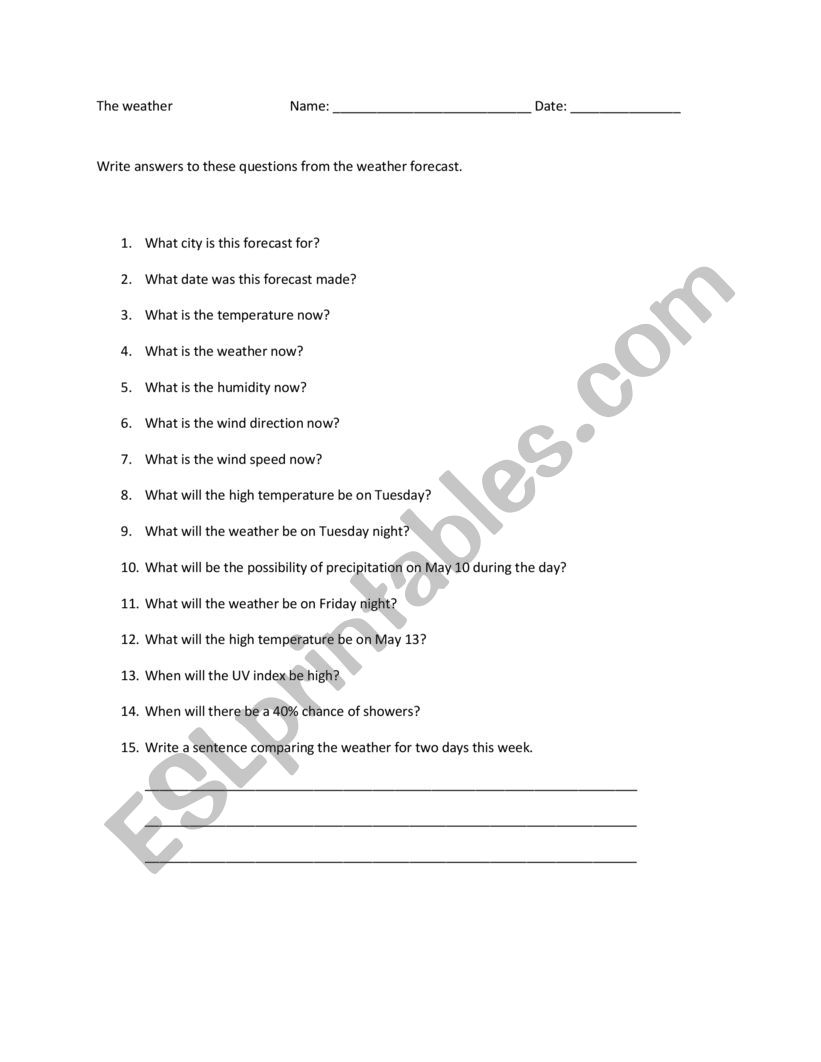 Weather questions worksheet