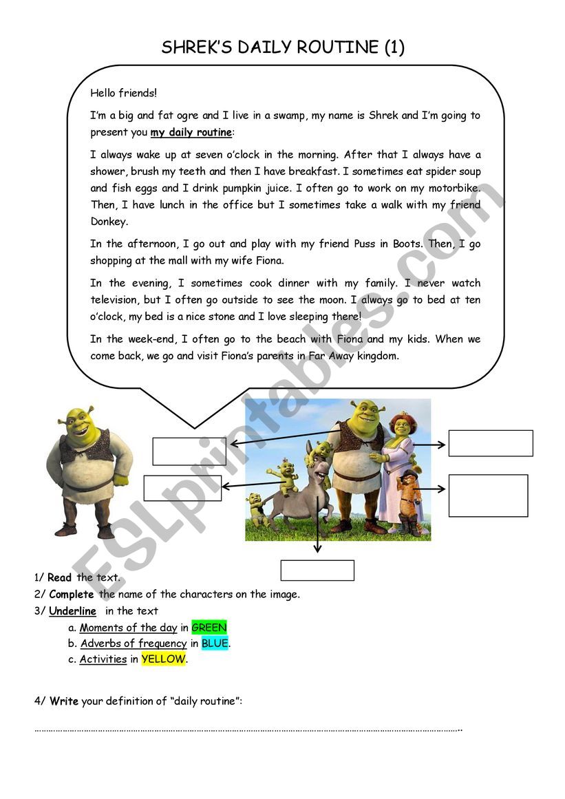Shreks daily routine worksheet