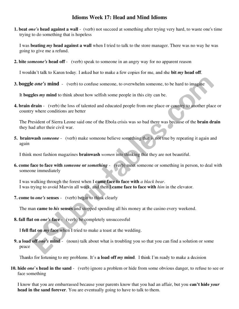 Idioms about the Head worksheet