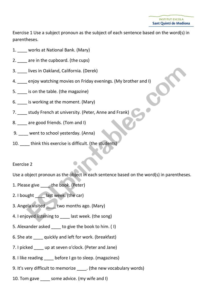 PRONOUNS EXERCISES worksheet