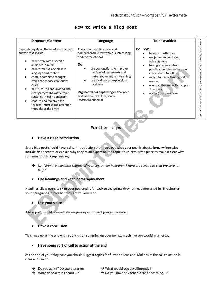 How to write a blog post worksheet