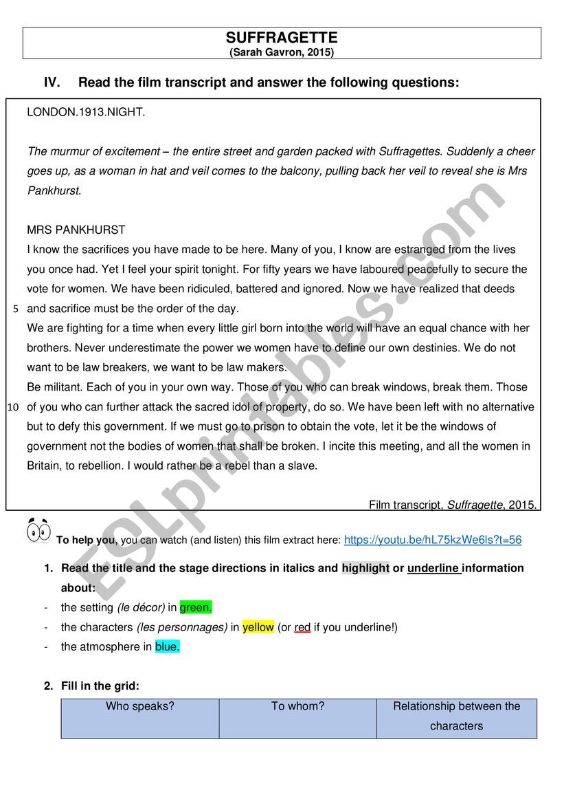 SUFFRAGETTE Part 3 worksheet