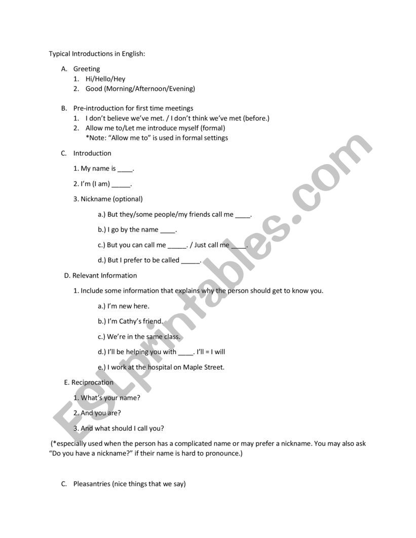 English Introductions Outline worksheet