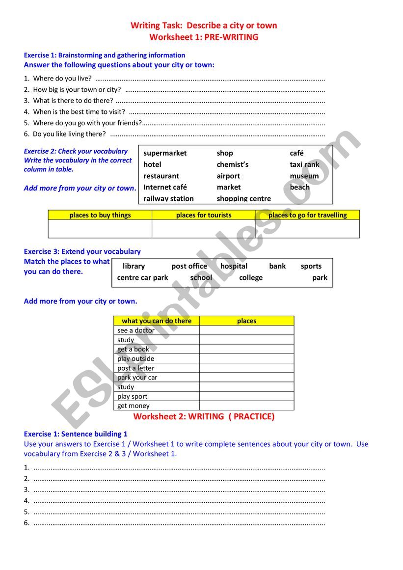 Describing a city or a town worksheet