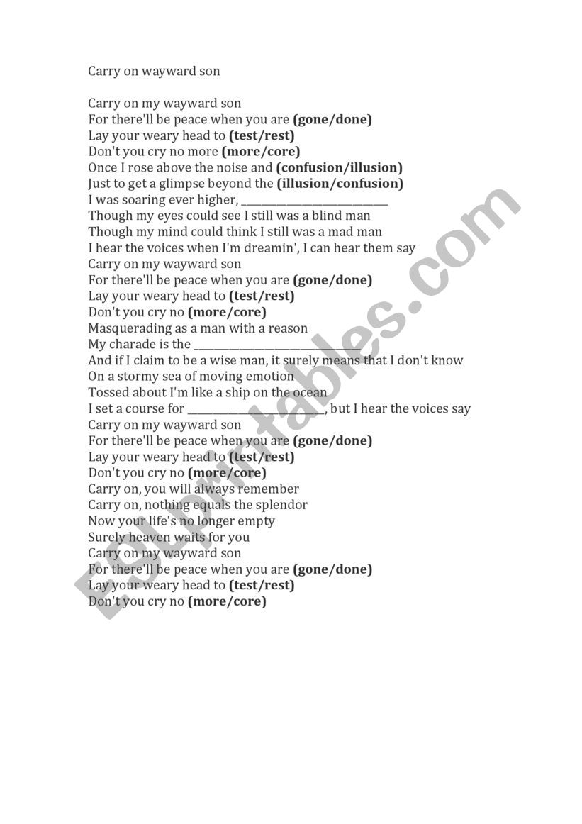 Carry on wayward son - Kansas worksheet