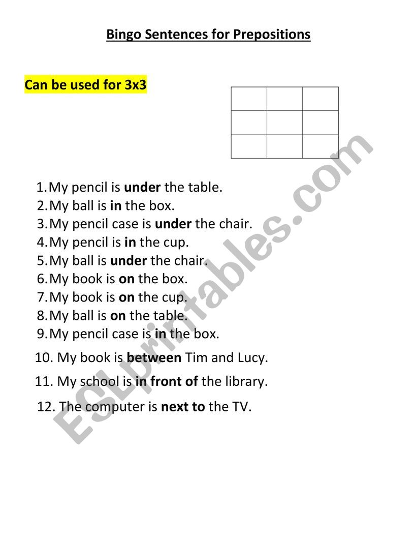 Bingo sentences for prepositions 