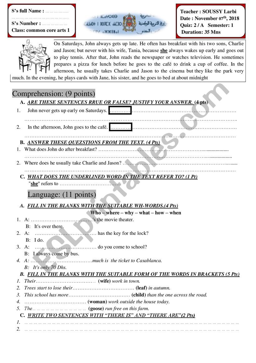 quiz for common core worksheet