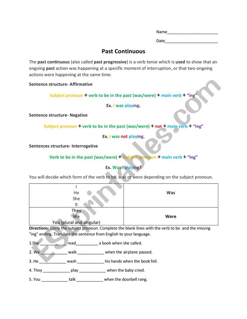 Past Continuous Notes worksheet