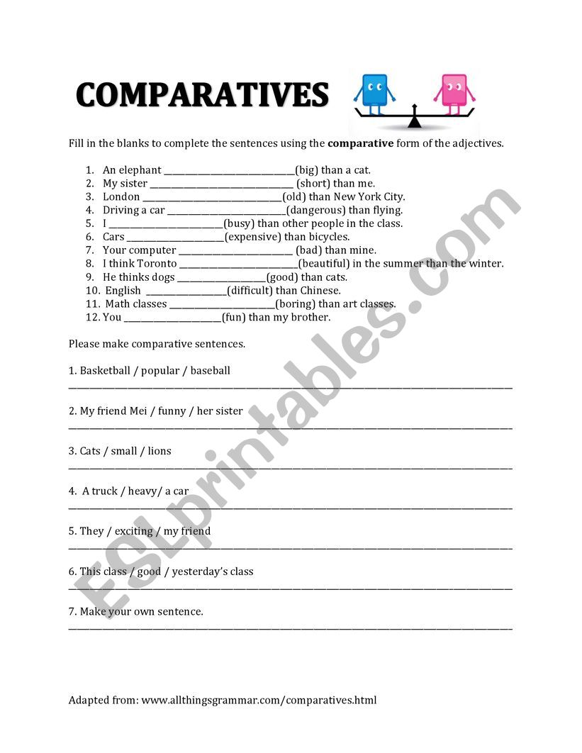 Comparatives Worksheet worksheet