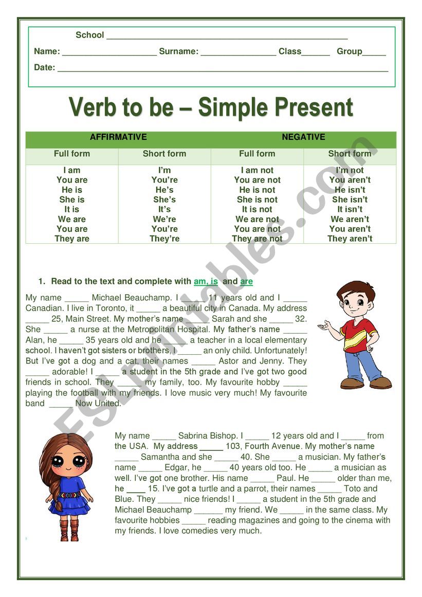 Verb to be - Simple Present worksheet