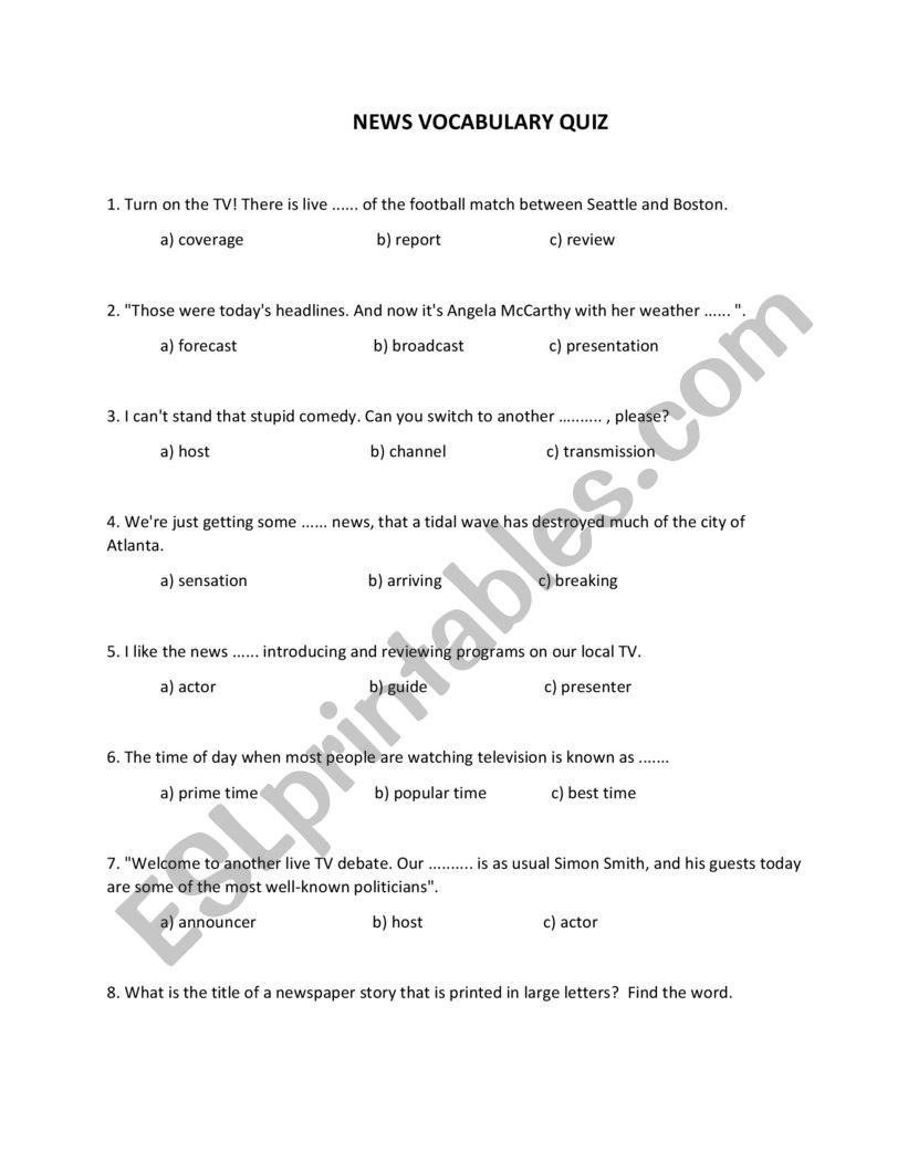 News Vocabulary Quiz worksheet