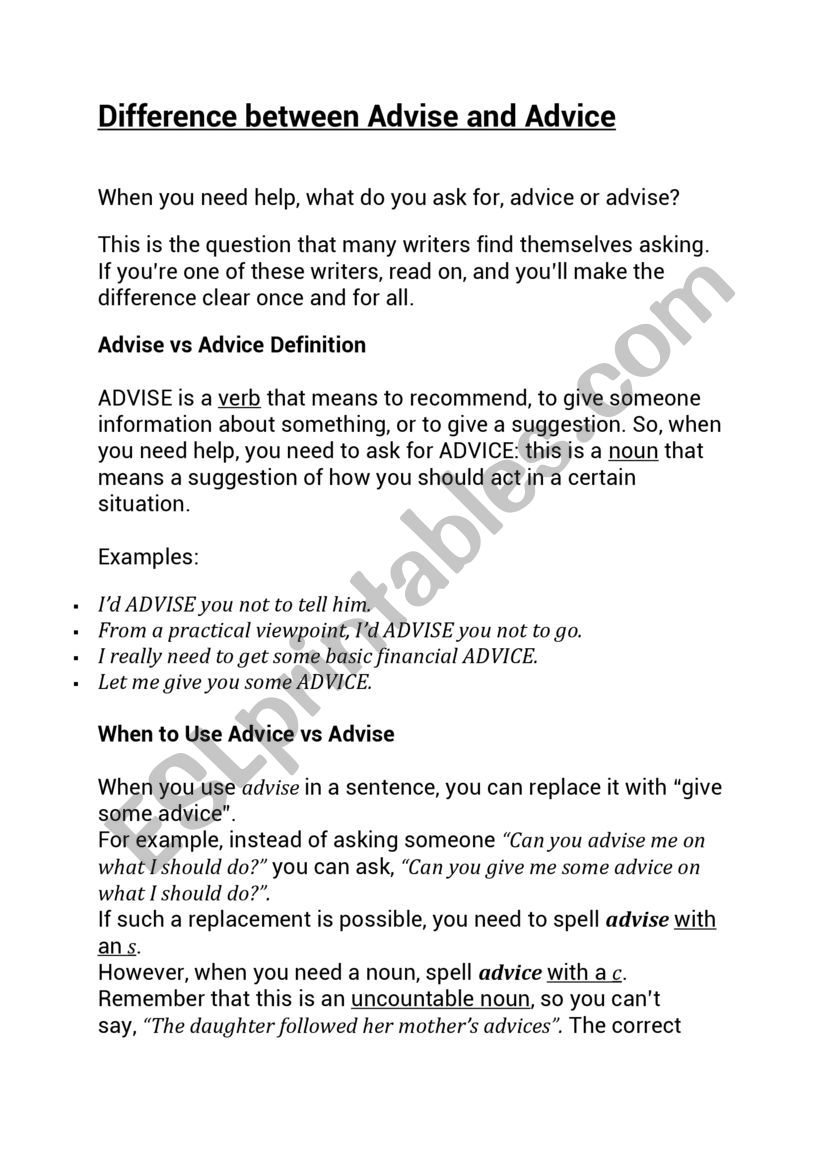 Advise or Advice worksheet