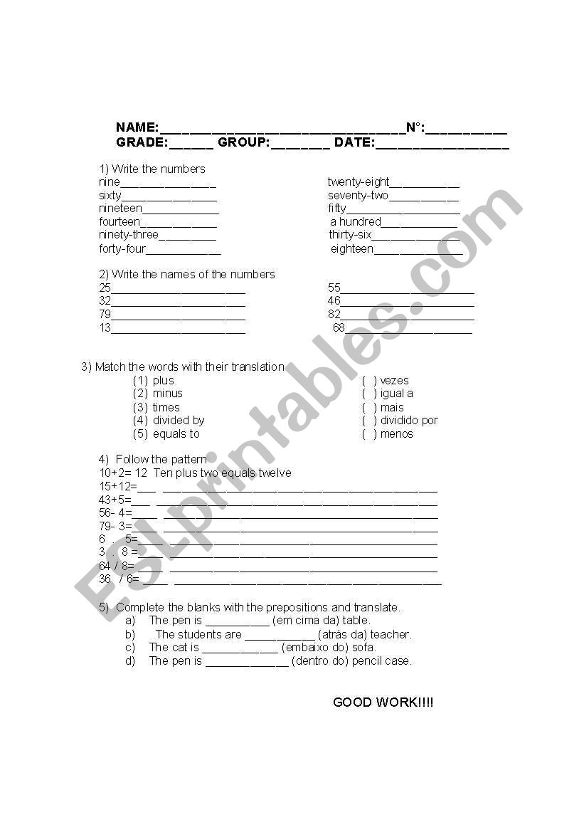 numbers and prepositions worksheet