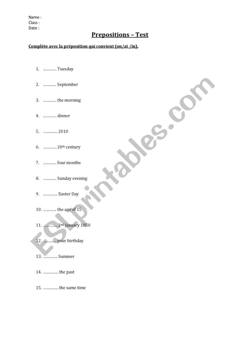 Prepositions test worksheet