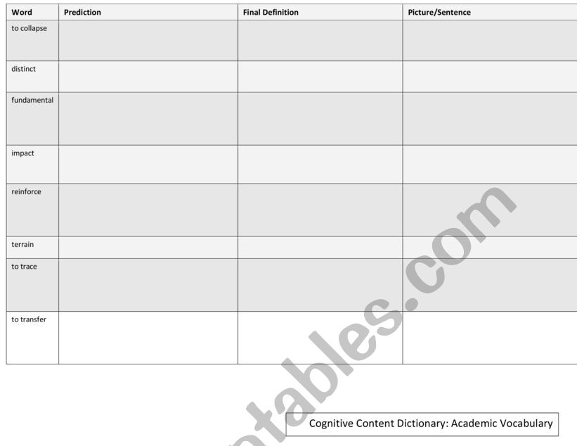 Content Dictionary Worksheet worksheet