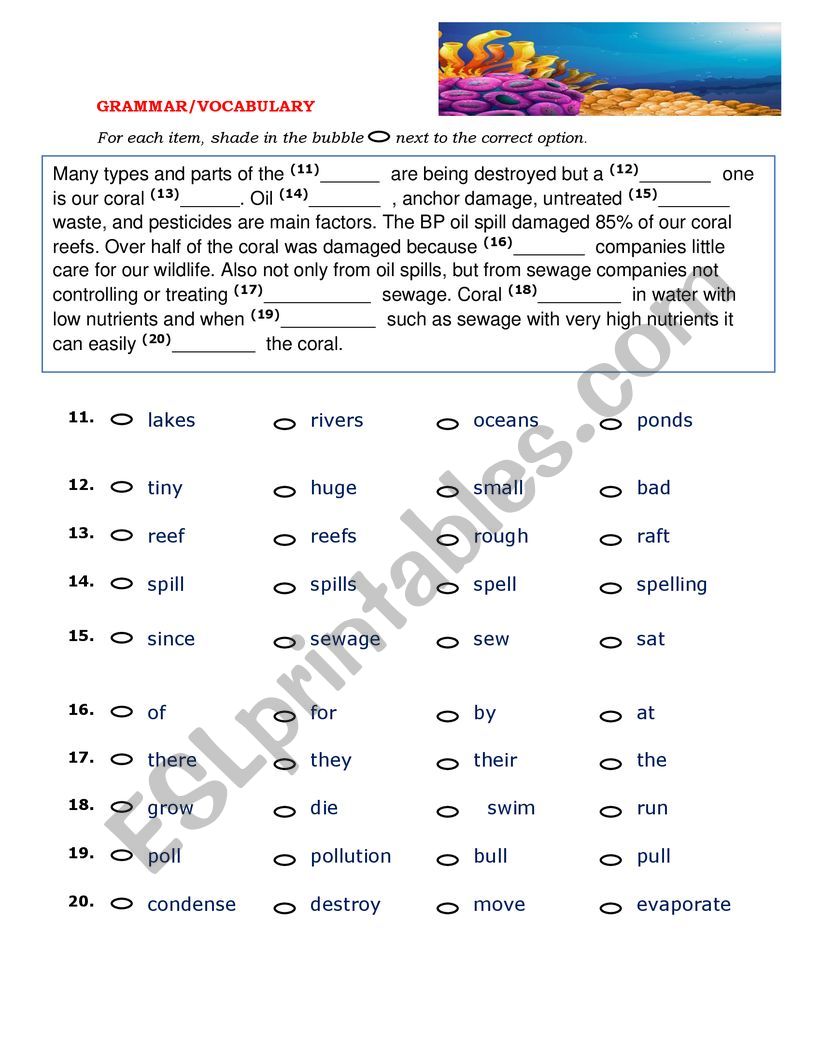 vocabulary exercises about coral reefs and sharks