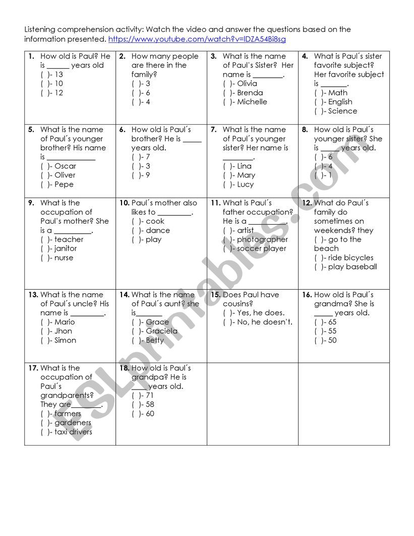 Pauls Family worksheet