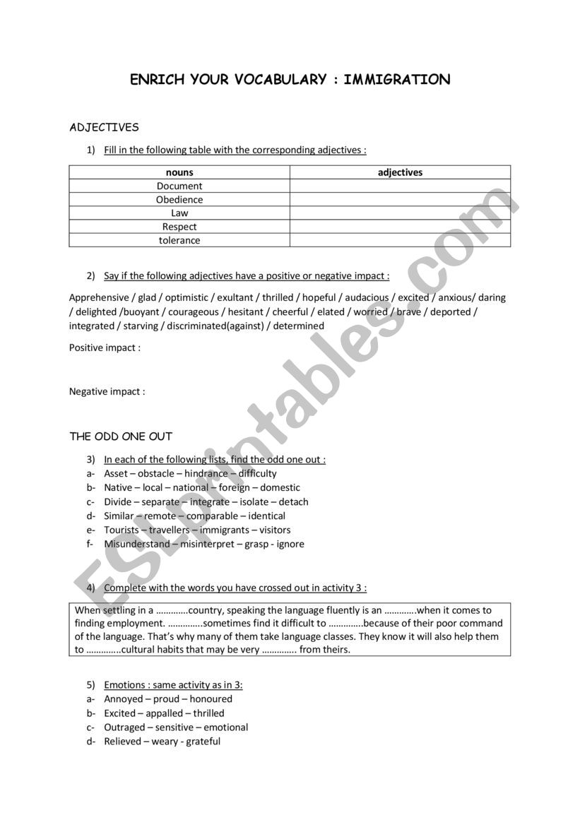 Immigration worksheet