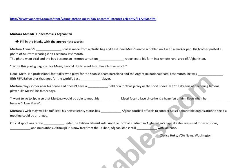 Messi�s Afghan fan worksheet