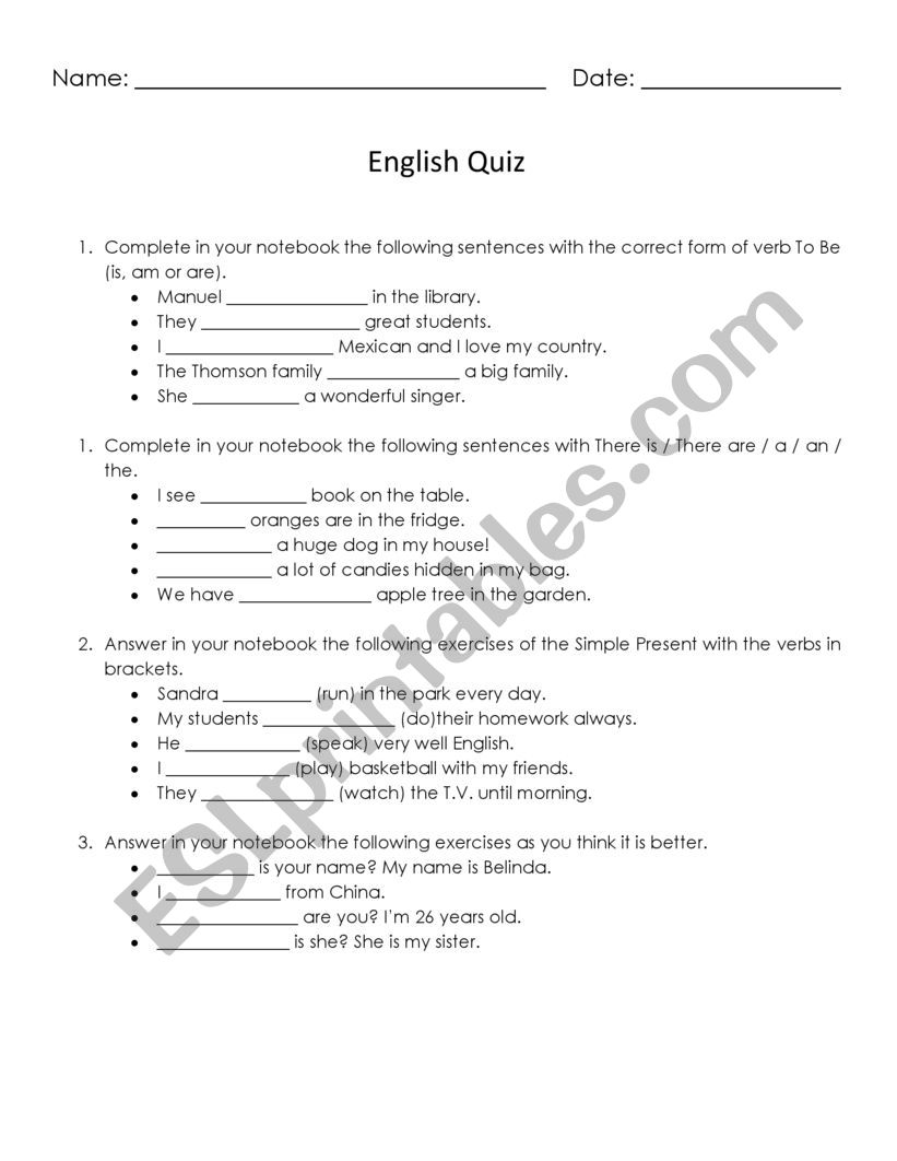 English Quiz worksheet