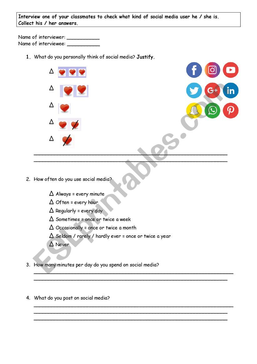 Interview about social media  worksheet