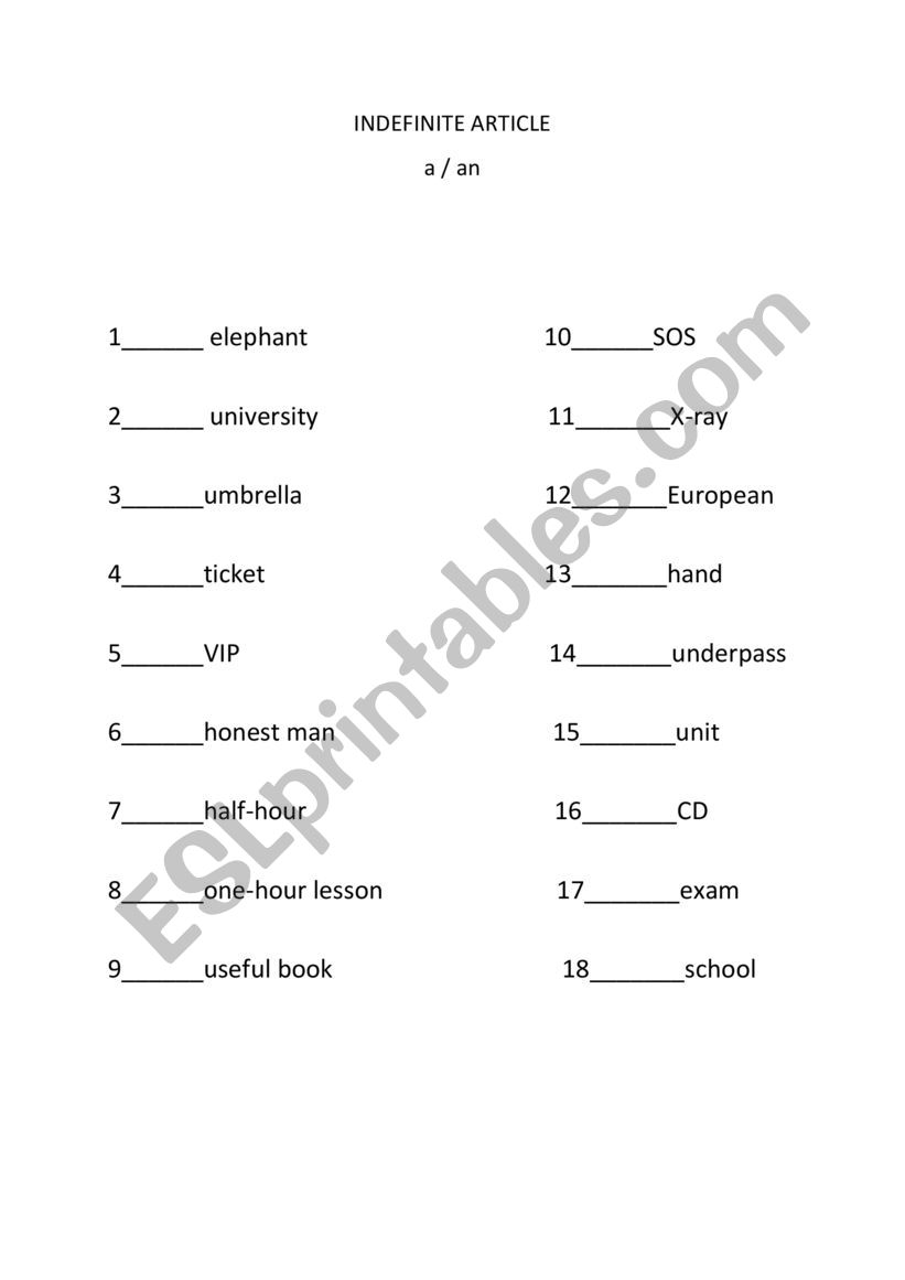 INDEFINITE ARTICLES A / AN   worksheet