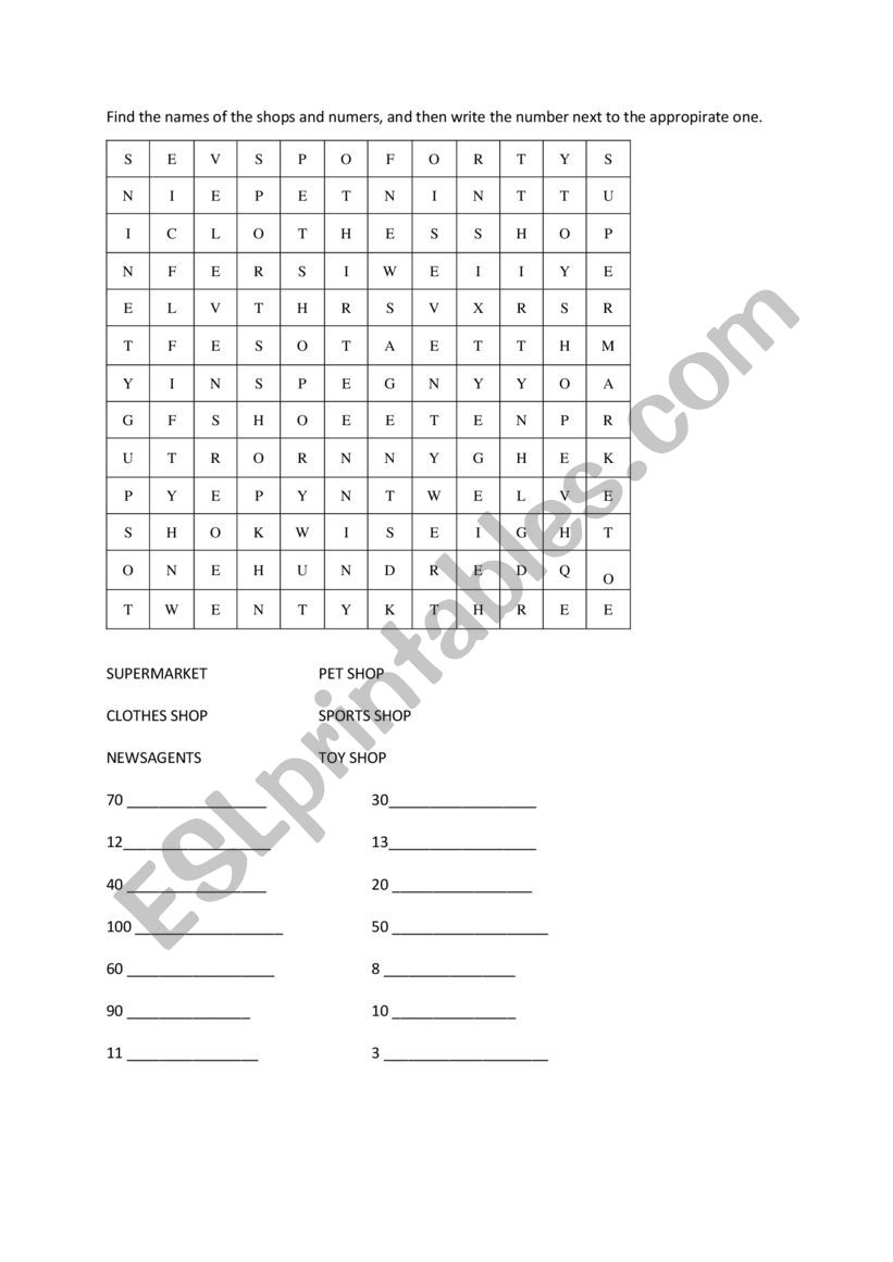 shops and numbers worksheet