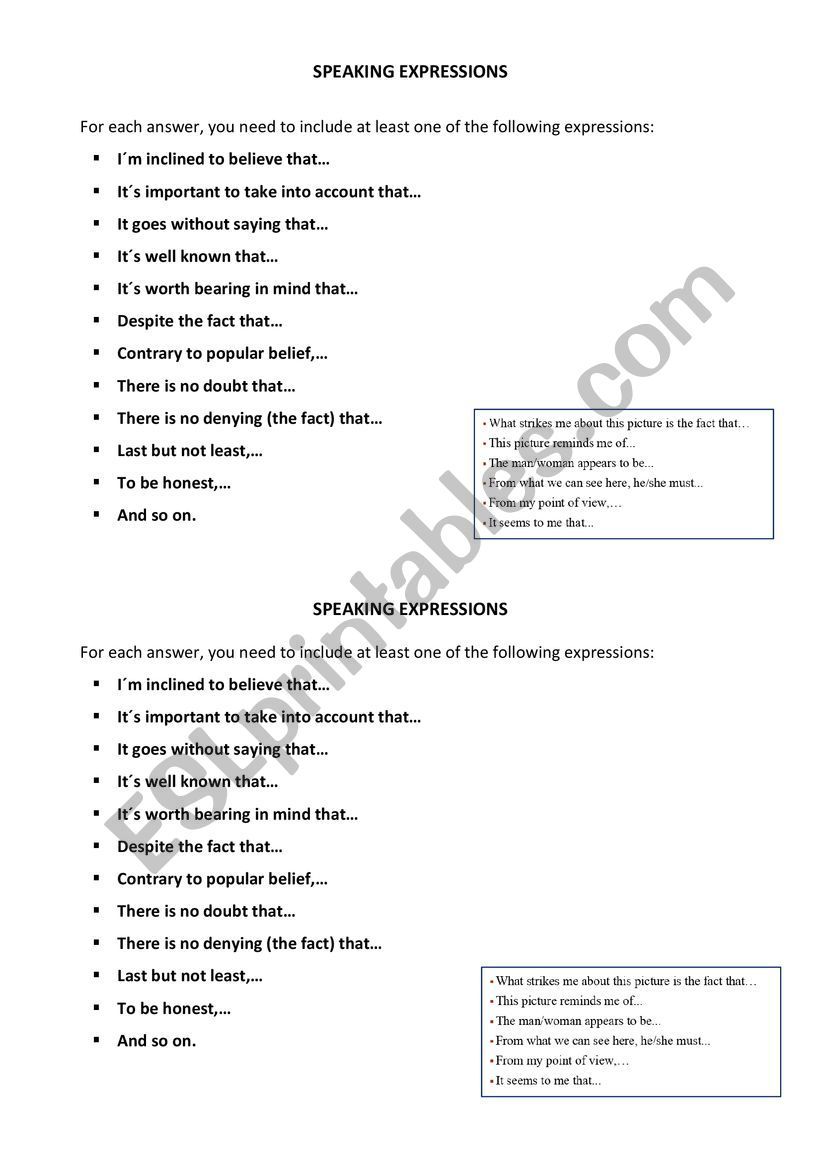 Speaking expressions worksheet