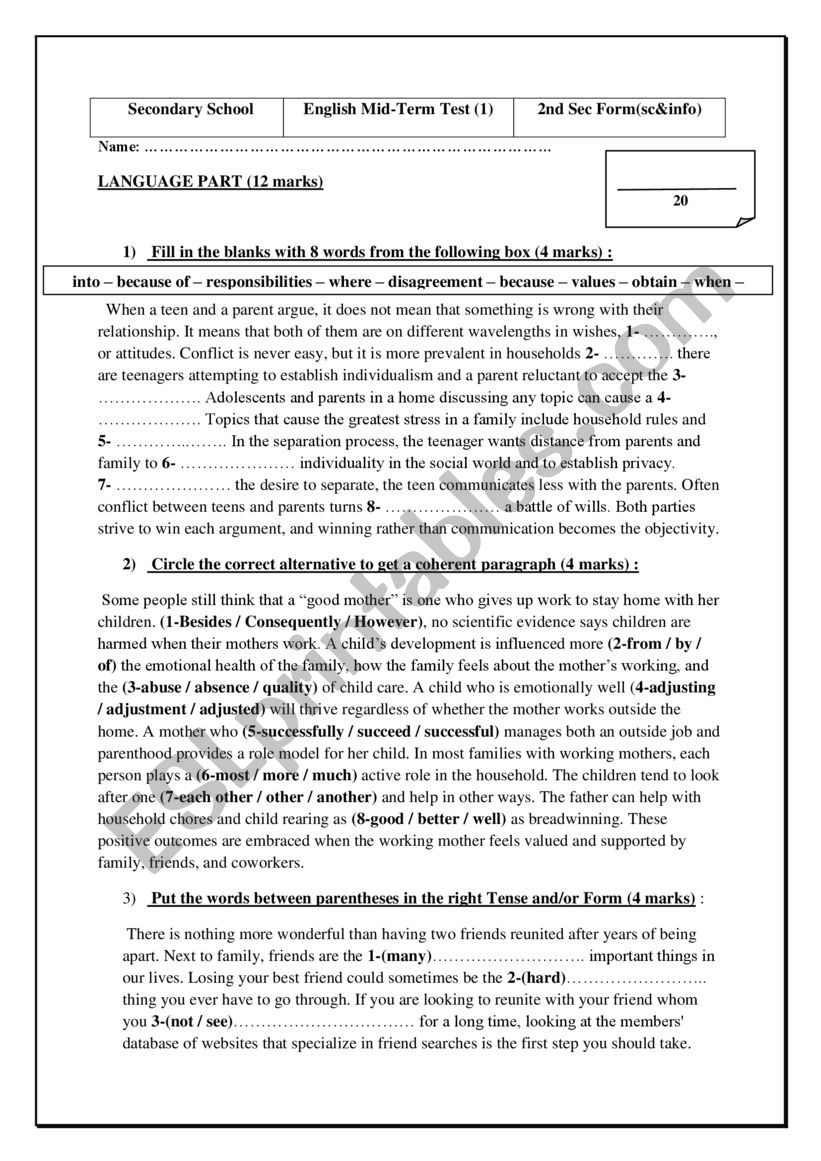 Mid-Term Test 1 - ESL worksheet by beye