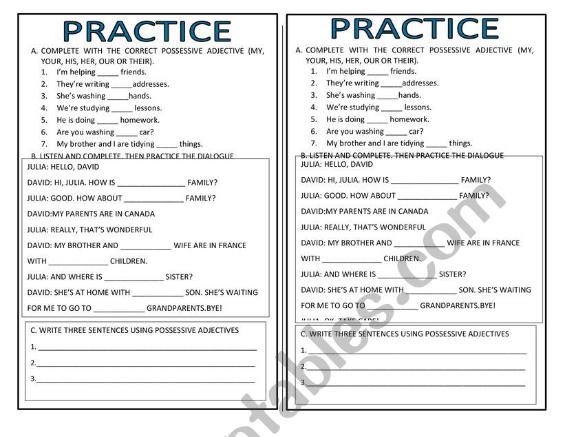 POSSESSIVE ADJECTIVES worksheet