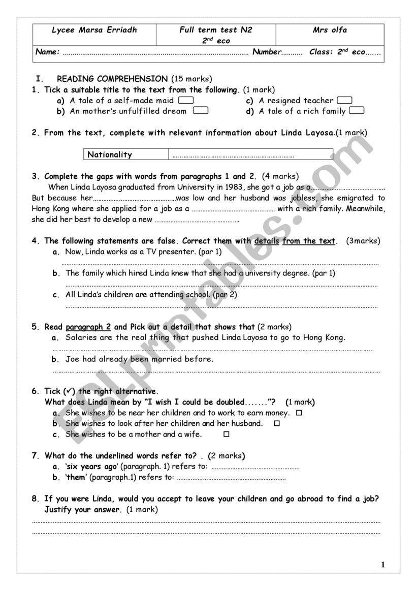 full term test N2 for 2nd graders