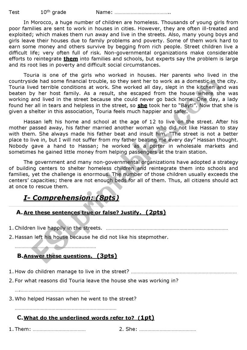 test of english worksheet