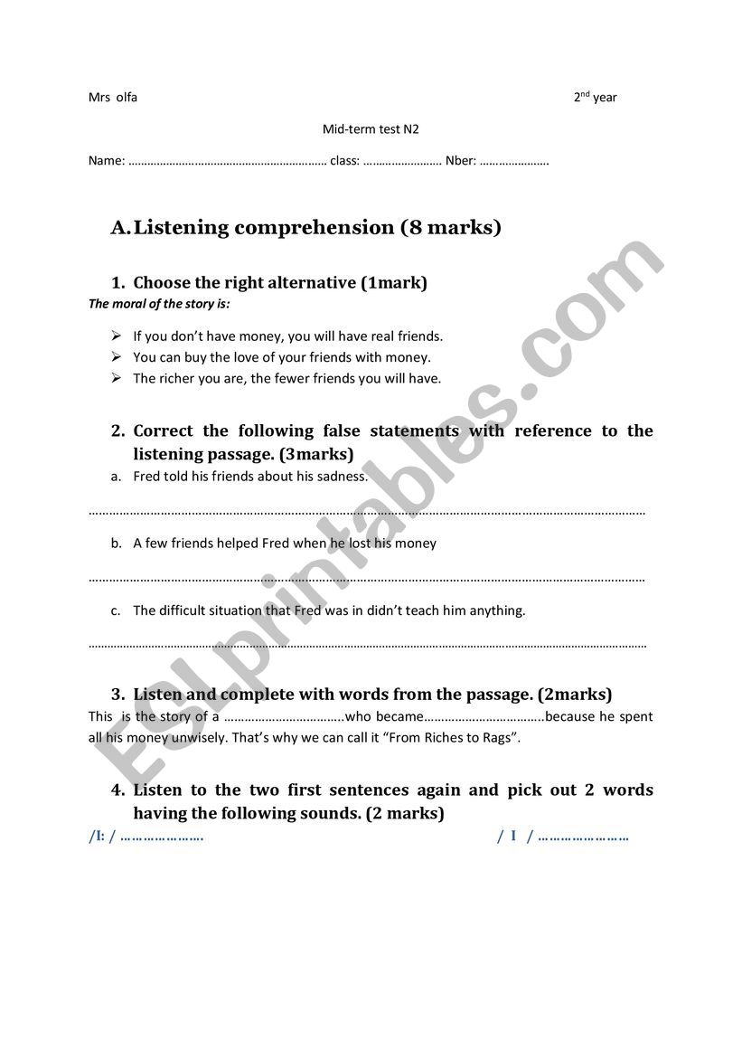 mid term test N2 for 2nd graders