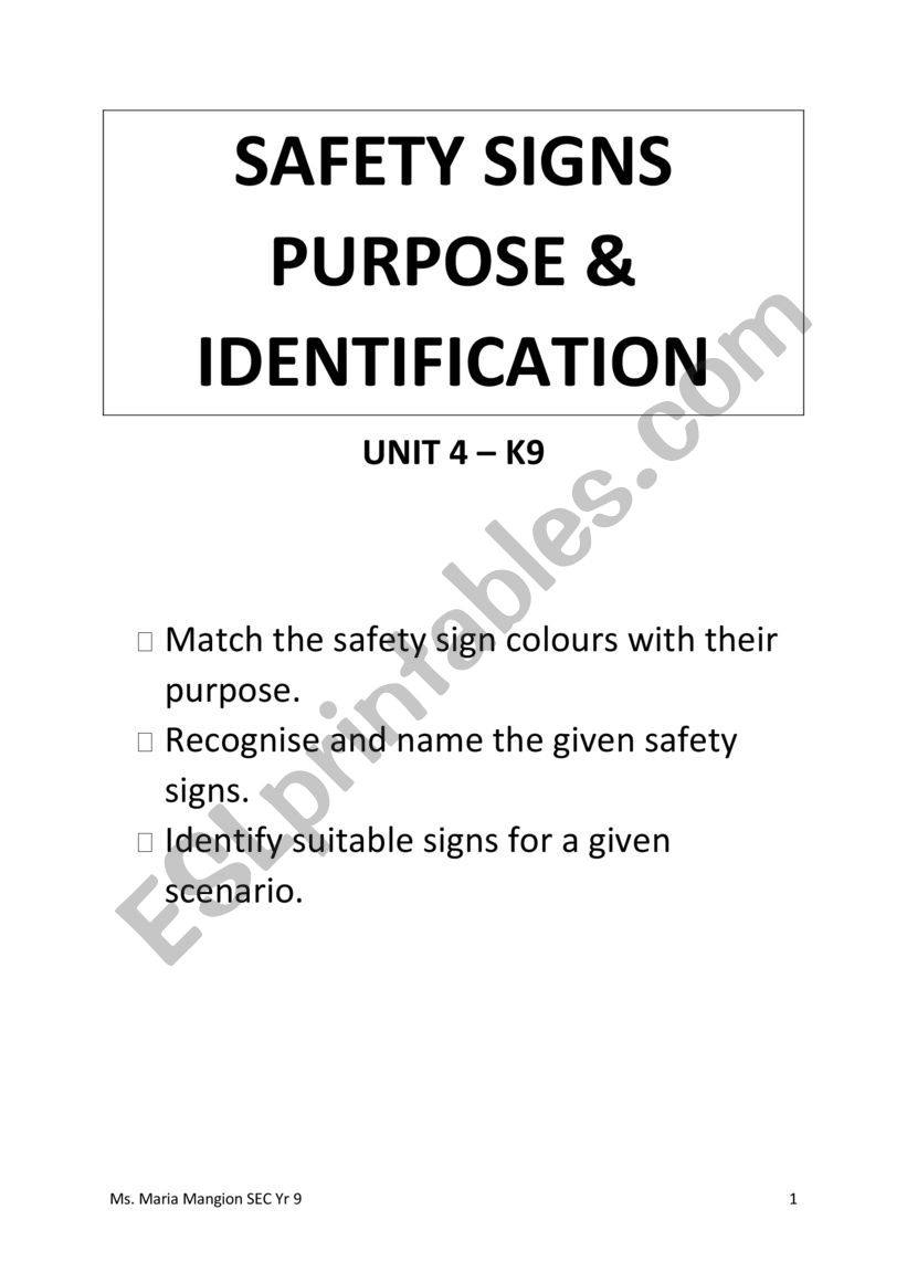 Safety Signs booklet  worksheet