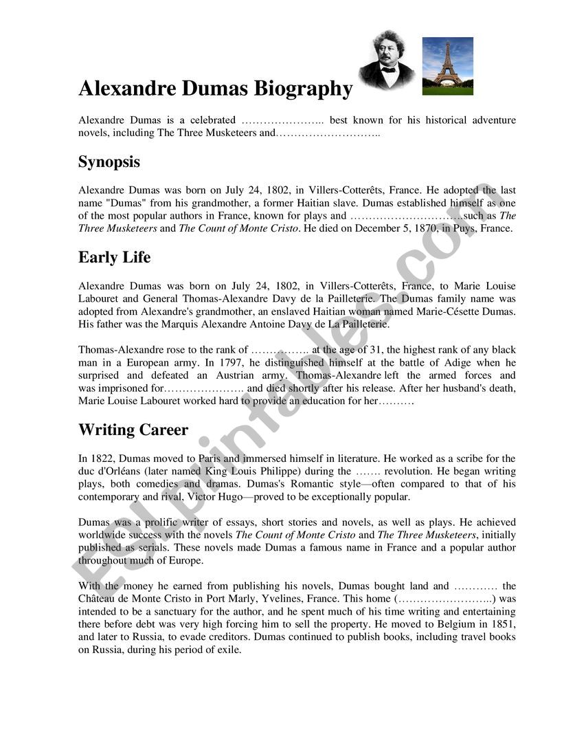 Alexandre Dumas worksheet