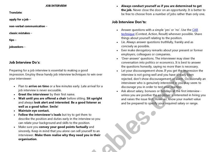 Job interviev - tips worksheet