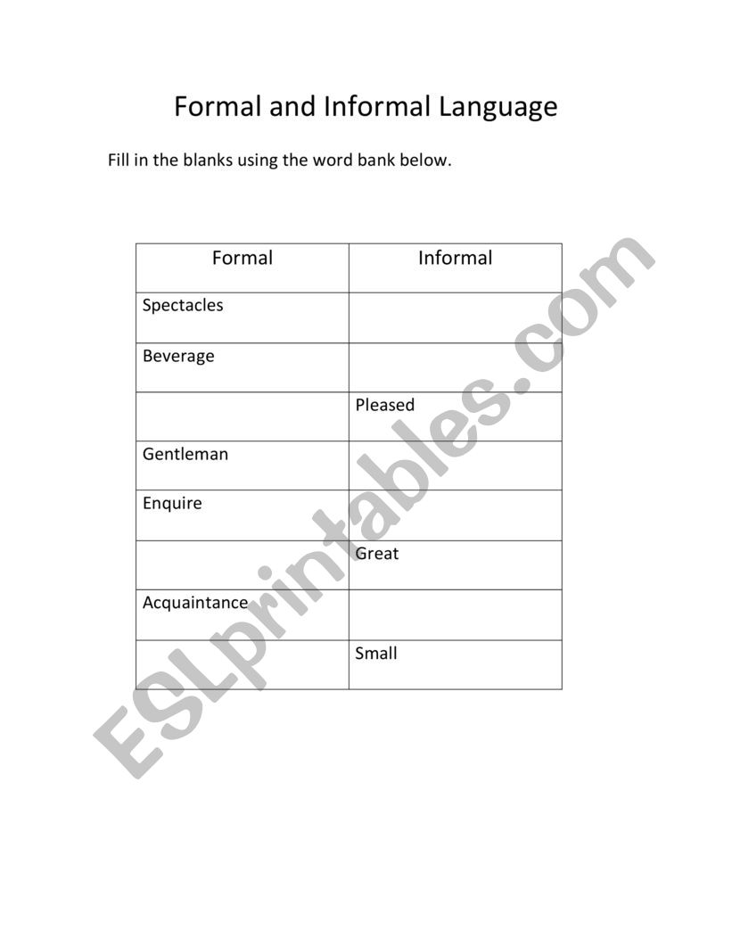 Formal vs Informal Language worksheet
