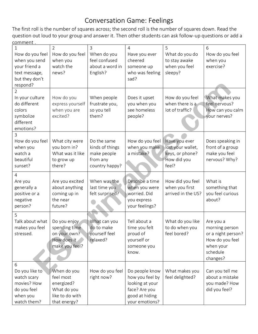 Conversation Game: Feelings worksheet
