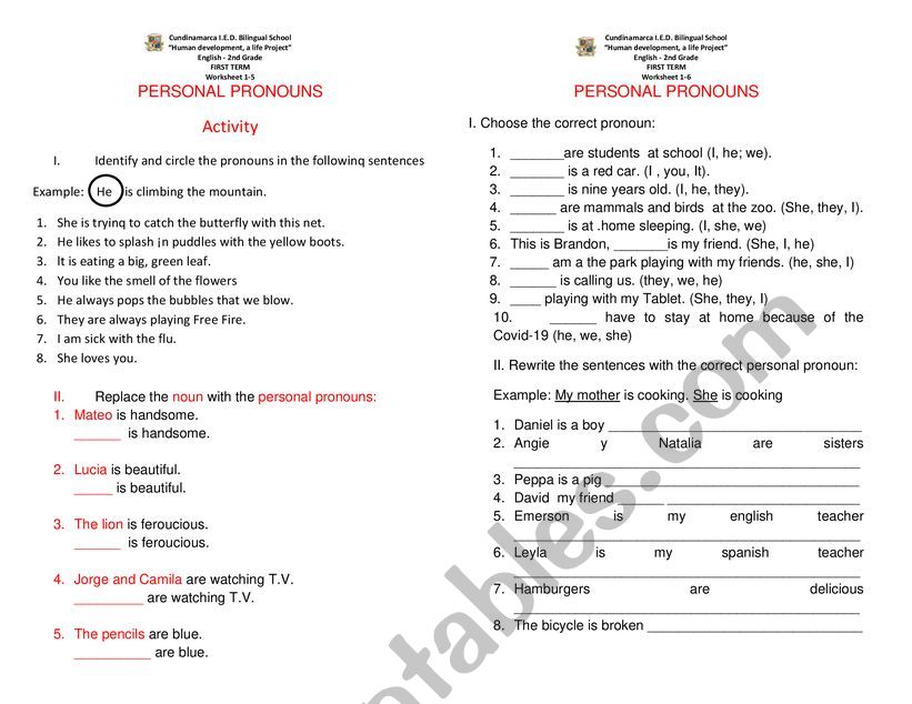 personal pronouns worksheet