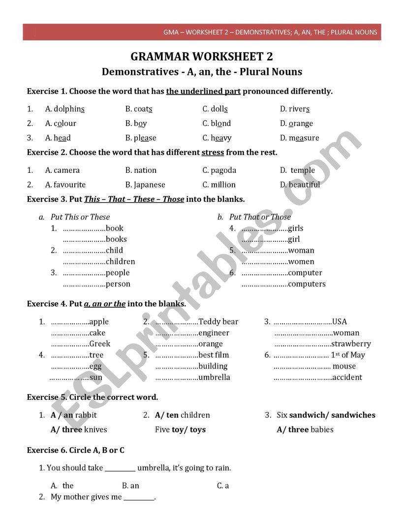 Demonstratives - A, an, the - Plural Nouns