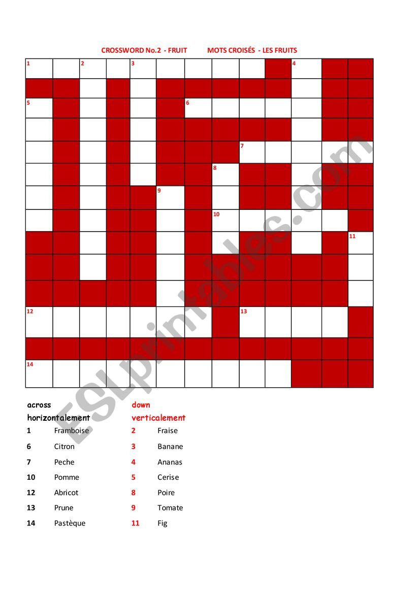 Crossword:   Fruit (translate clues in French into English)