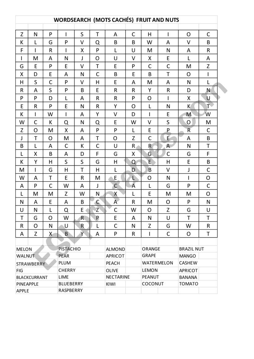 Wordsearch Fruit and Nuts (translate French words and look for answers in English