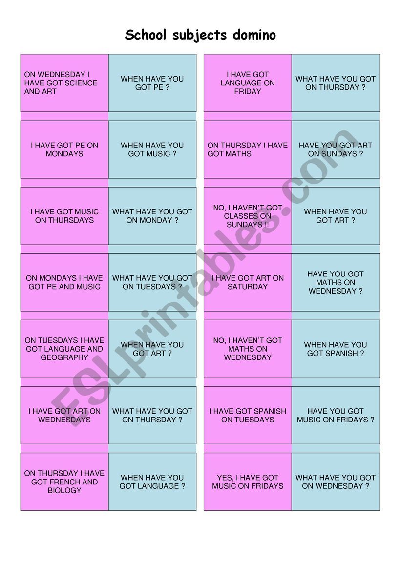 Domino on school subjects and timetables