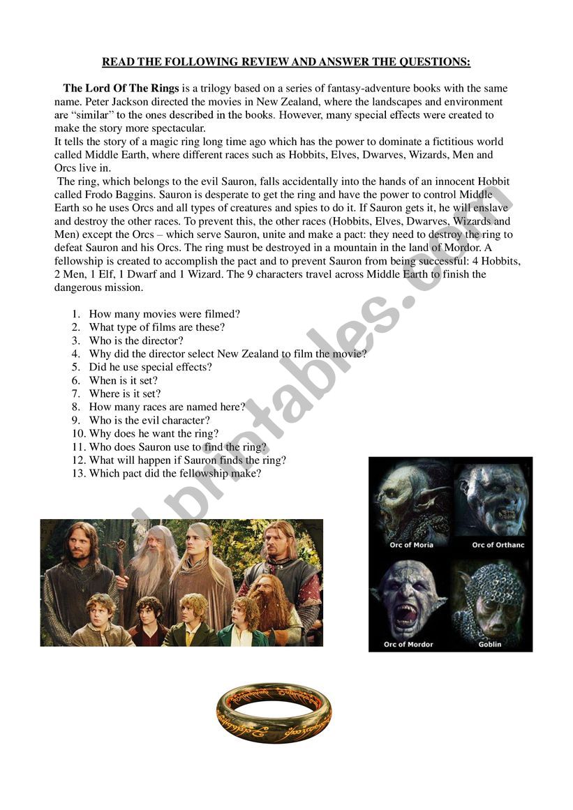 Movie Trailer: The Lord of The Rings The Fellowship of the Ring - ESL  worksheet by Fabione