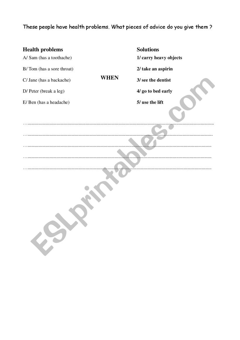 health problems worksheet