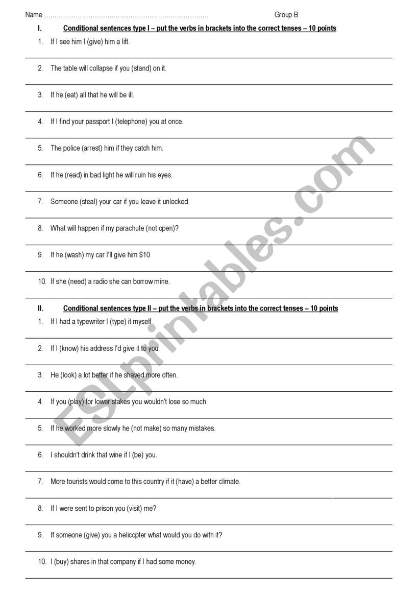 Test Conditionals worksheet