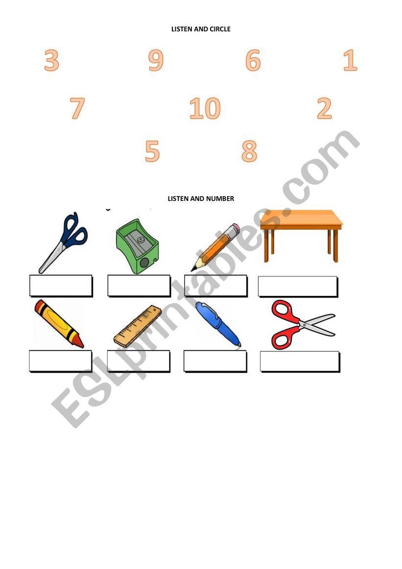 Numbers and Classroom Objects worksheet